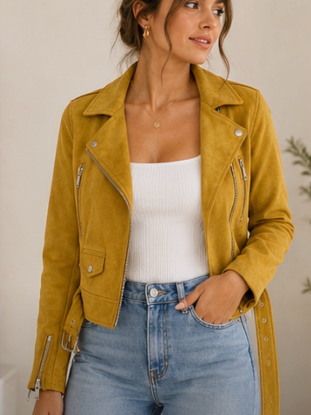 Zara Women's Mustard Suede Moto Jacket